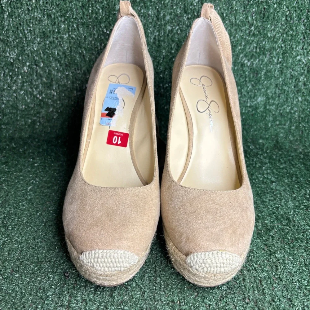 NEW Jessica Simpson Suede Ankle Tie Boho Espadrille Wedge Sandals Tan Womens 10M